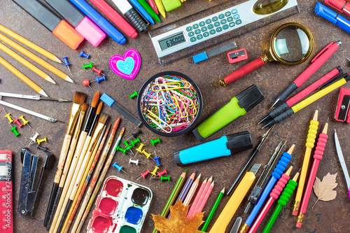 Back to school. Items for school classes in the composition on the table.