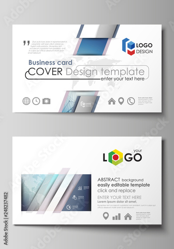 The minimalistic abstract vector illustration of the editable layout of two creative business cards design templates. Polygonal geometric linear texture. Global network, dig data concept.