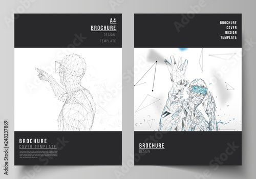 The vector layout of A4 format modern cover mockups design templates for brochure, magazine, flyer, booklet, annual report. Man with glasses of virtual reality. Abstract vr, future technology concept.