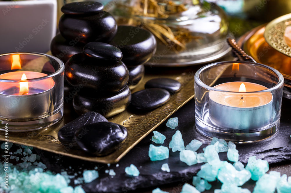 Items for spa massage in the composition on the table Items for spa massage in the composition on the table