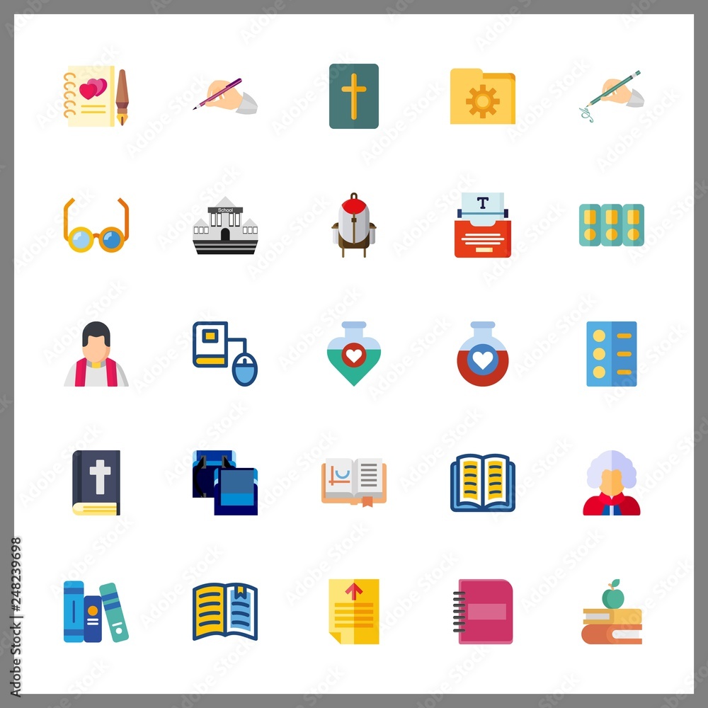 25 book icon. Vector illustration book set. bible and priest icons for book works 25 book icon. Vector illustration book set. bible and priest icons for book works
