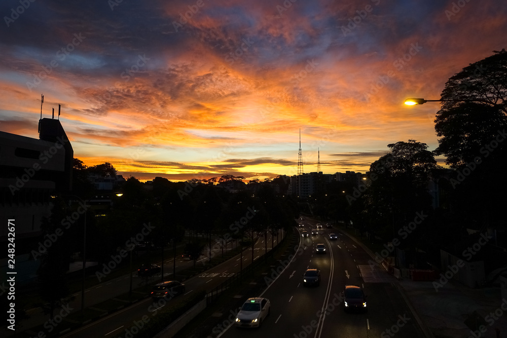 Singapore Sunset and Traffic on Flyover - Bukit Timah Road, Singapore