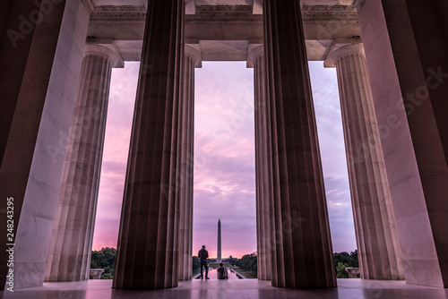 The Lincoln memorial in Washington DC early morning looking at the Washington Monument