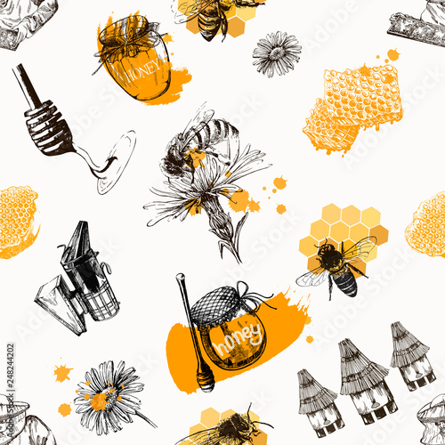 Seamless pattern of hand drawn sketch style beekeeping themed objects isolated on white background. Vector illustration.