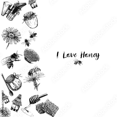 Composition of hand drawn sketch style beekeeping themed objects "I love honey". Vector illustration.