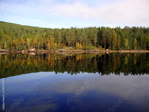 Lac de Scandinavie avec reflets arbres   scandinavian lake with forest reflecting into it