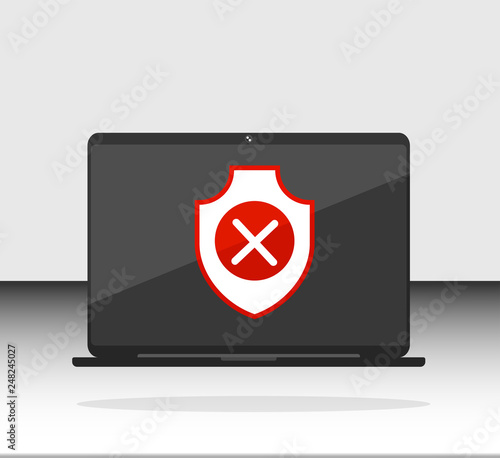 Vector flat data cecurity, security OFF, shield on personal computer, laptop. Can use for printing, website, presentation element. For app demo on phone or web. photo