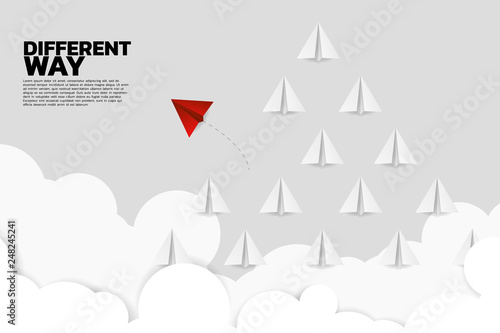 red origami paper airplane go different way from group of white. Business Concept of disruption and vision mission.