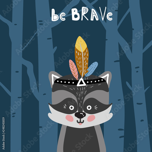 Cute cartoon little raccoon Childish print for nursery