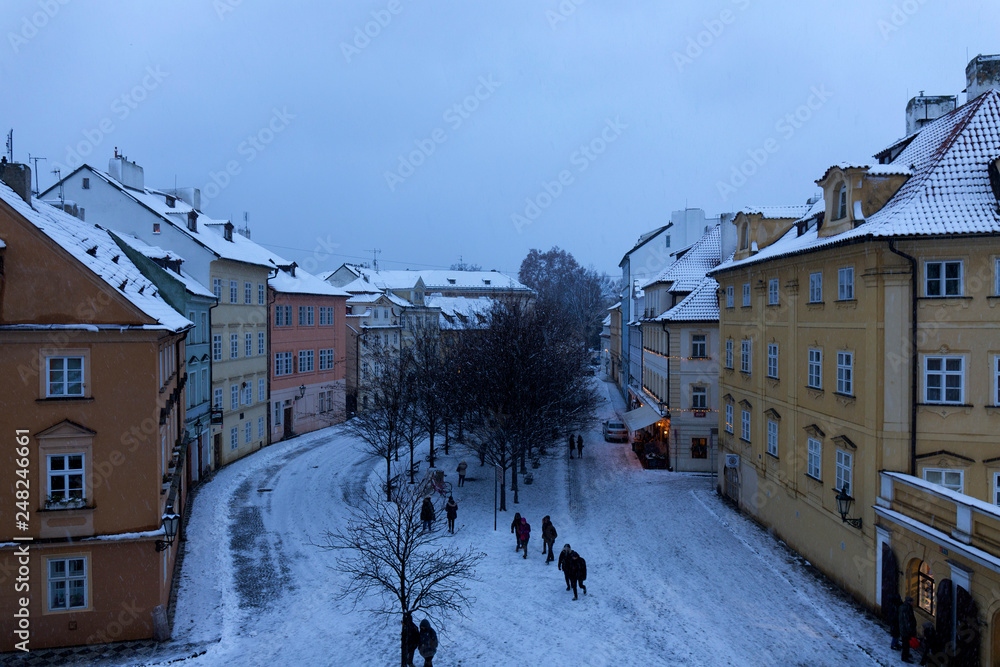 Snowy foggy Prague Island Kampa in Snowstorm, Czech republic Snowy foggy Prague Island Kampa in Snowstorm, Czech republic
