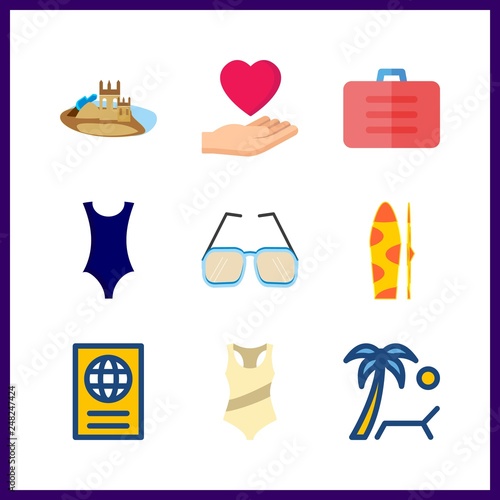 9 holiday icon. Vector illustration holiday set. sunbed and passport icons for holiday works