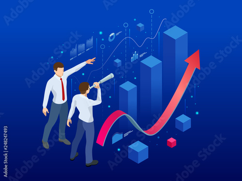 Isometric affiliate business, business perspective concept. Businessman looking to the future for new business opportunity. Analysis and Strategy on a conceptual application for promotion contacts.