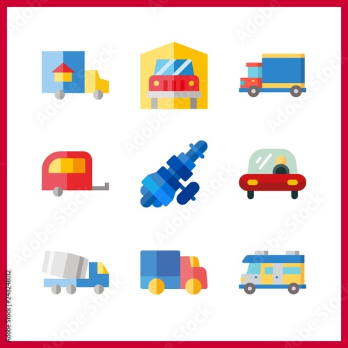 9 trailer icon. Vector illustration trailer set. truck and distribution icons for trailer works