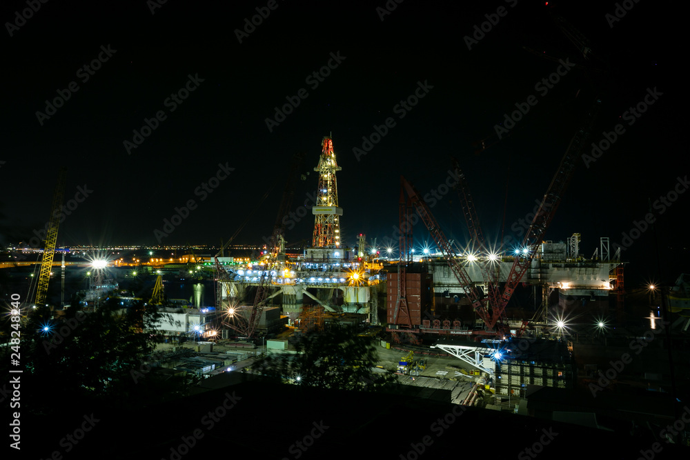 Baku shipyard.Baku port.Night view.Oil platform under repair.District Bail