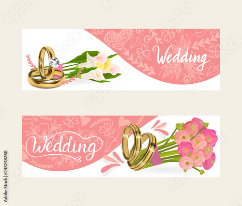 Wedding rings vector wed shop of engagement symbol golden silver jewellery fo...