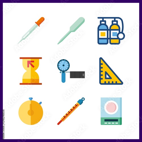 9 measure icon. Vector illustration measure set. sand clock and oxygen tank icons for measure works