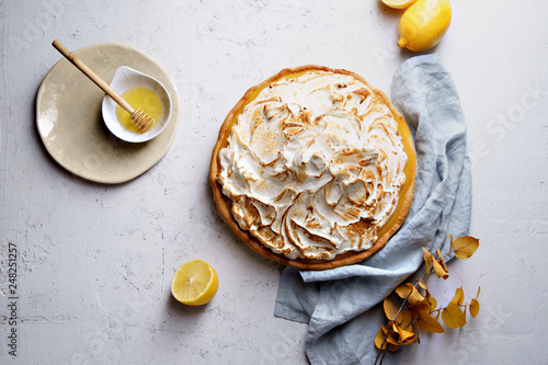 Overhead view of lemon meringue tart photo