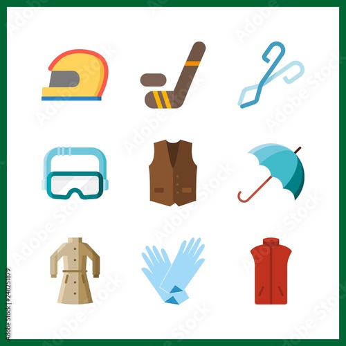 9 protective icon. Vector illustration protective set. goggles and vest icons for protective works