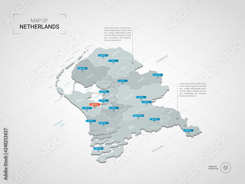 Isometric  3D Netherlands map. Stylized vector map illustration with cities  borders  capital  administrative divisions and pointer marks  gradient background with grid.