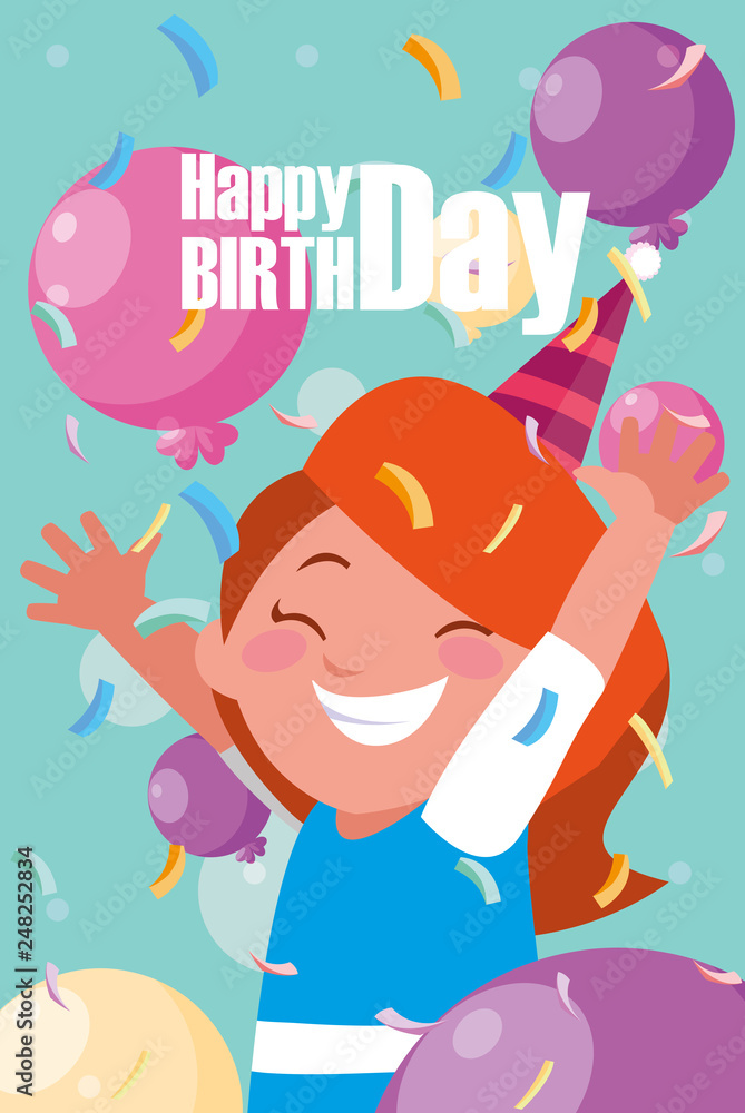 Naklejka premium birthday card with little girl celebrating