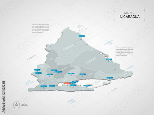 Isometric 3D Nicaragua map. Stylized vector map illustration with cities, borders, capital, administrative divisions and pointer marks; gradient background with grid.