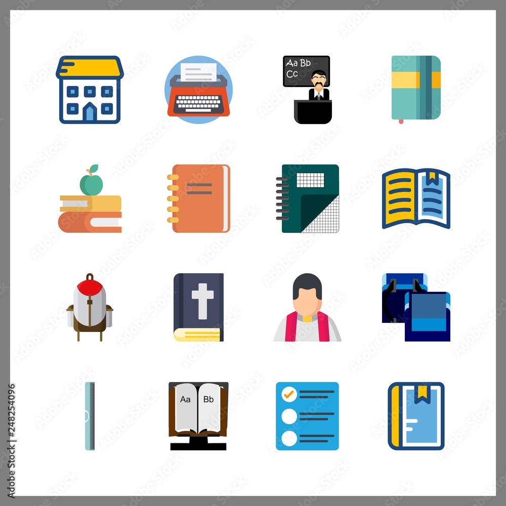 16 book icon. Vector illustration book set. list and teacher icons for book works 16 book icon. Vector illustration book set. list and teacher icons for book works