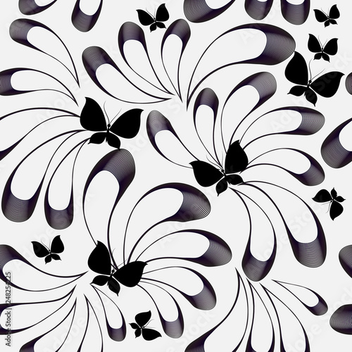 Floral black and white vector seamless pattern. Black blurred hand drawn doodle flowers and butterflies. Radial lines. Monochrome repeat backdrop. White ornamental background. Elegance isolated design