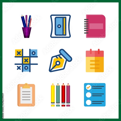 9 pencil icon. Vector illustration pencil set. notepad and tic tac toe icons for pencil works