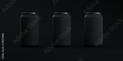 Three black matte soda cans on elegant dark background