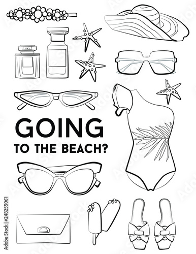  fashion summer Vector set of woman beach accessories swimsuit hand drawn travel objects