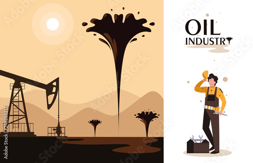 oil industry scene with derrick and worker