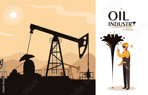 oil industry scene with derrick and worker