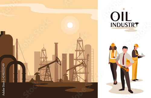 oil industry scene with plant pipeline and workers