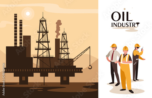 oil industry scene with marine platform and workers
