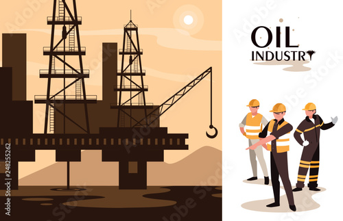 oil industry scene with marine platform and workers