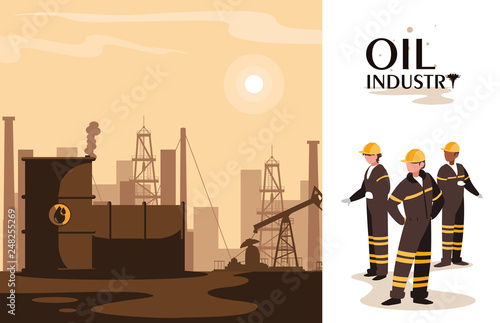 oil industry scene with plant pipeline and workers