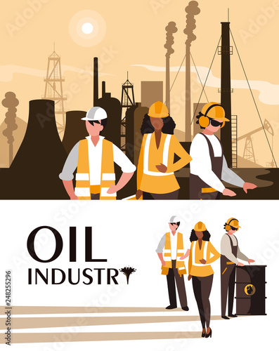 oil industry scene with plant pipeline and workers