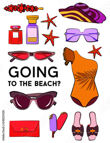  fashion summer Vector set of woman beach accessories swimsuit hand drawn travel objects