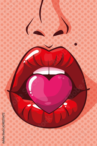 sexy woman mouth with heart pop art style