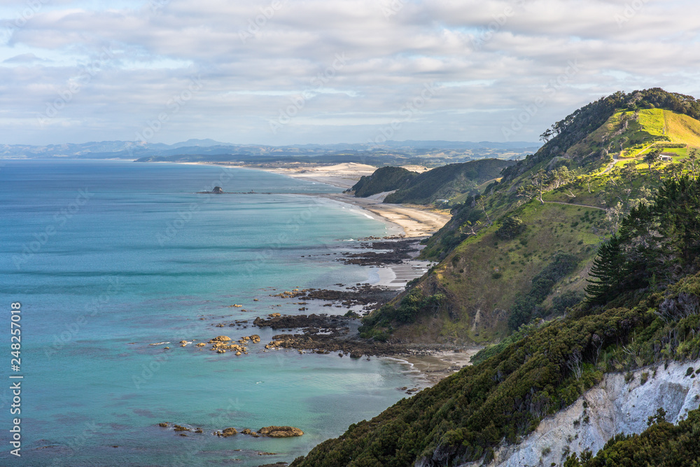 View from Mangawhai cliffs walkway at low tide in the afternoon light. Cloudy sky, turquoise water colour and green hills. New Zealand landscape