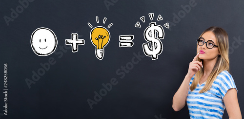 Good idea equals money with young woman in front of a blackboard