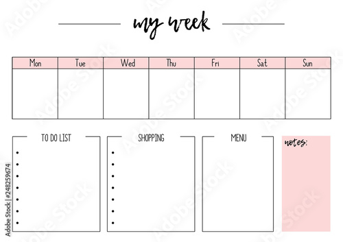 Cute vector weekly planner A4, page for notebook, diary, organiser, book.