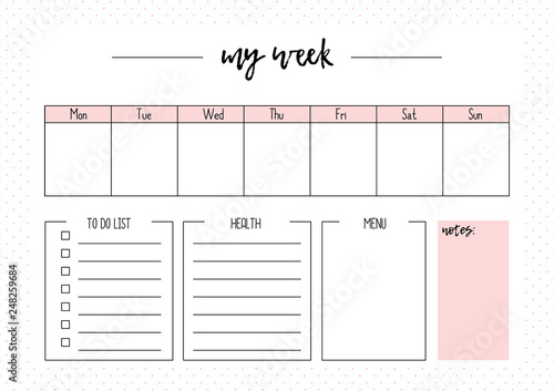 Cute vector weekly planner A4, page for notebook, diary, organiser, book.