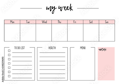 Cute vector weekly planner A4, page for notebook, diary, organiser, book.