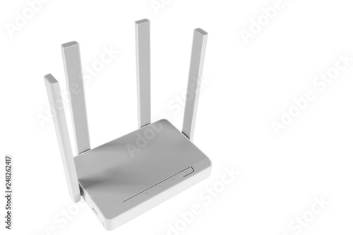 Wireless Wi-Fi router isolated on white background. wifi technology concept. White wireless internet router isolated. Cable modem with antenna isolated on white background. Indicator lights