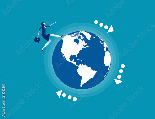 Businesswoman running on the planet. Concept business vector, World business.