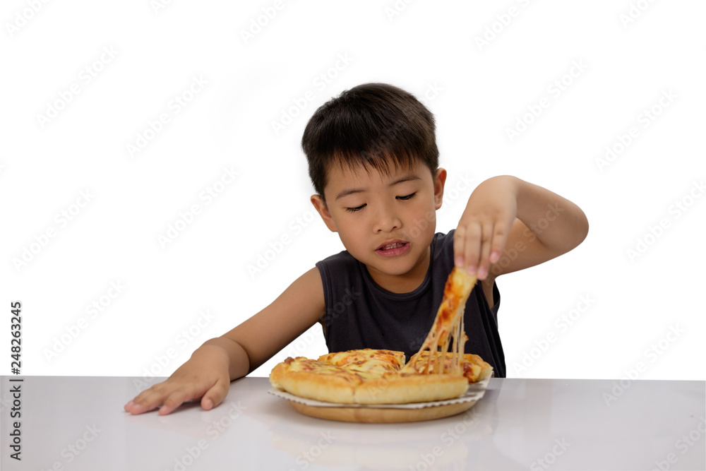 Cute boy eating pizza isolated on white background Cute boy eating pizza isolated on white background