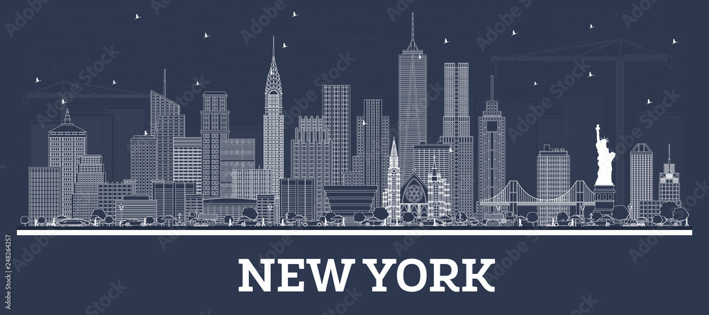 Outline New York USA City Skyline with White Buildings.