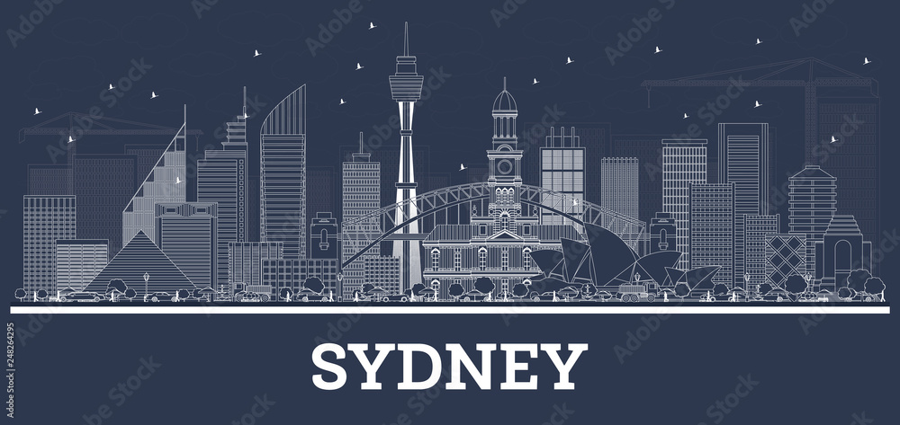 Outline Sydney Australia Skyline with White Buildings.