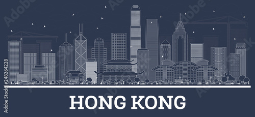Outline Hong Kong China City Skyline with White Buildings.